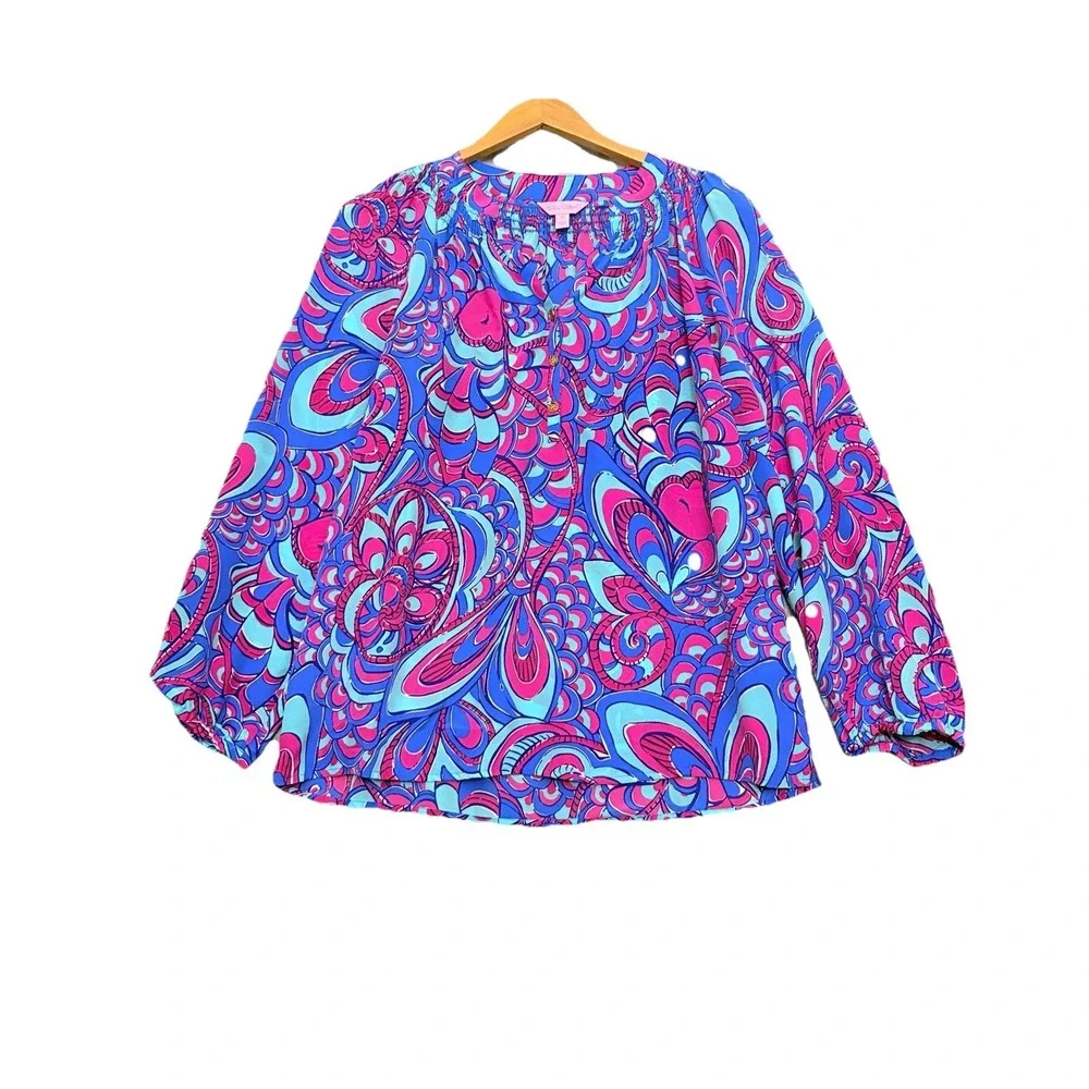 LILLY PULITZER Womens 100% Silk Elsa Multicolored Paisley Blouse Top Sz Medium - Picture 1 of 9